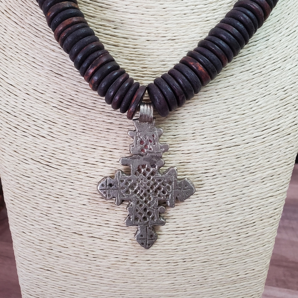 Wood and metal cross necklace